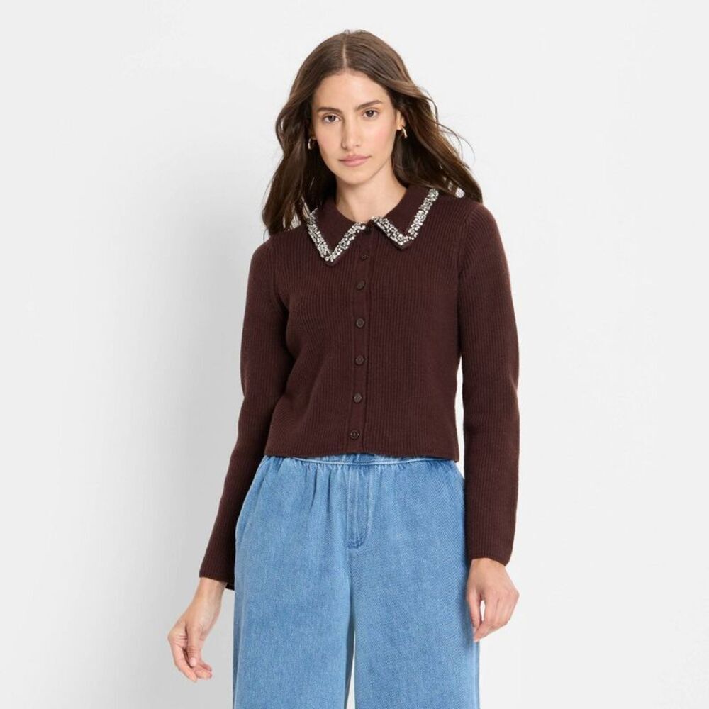 Women's Embellished Collar Cardigan Sweater - Future Collective Dark Brown XL